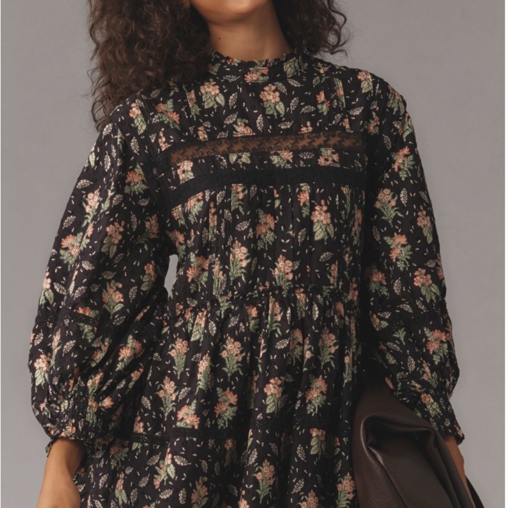Anthropologie Black and Pink Floral Mini Dress